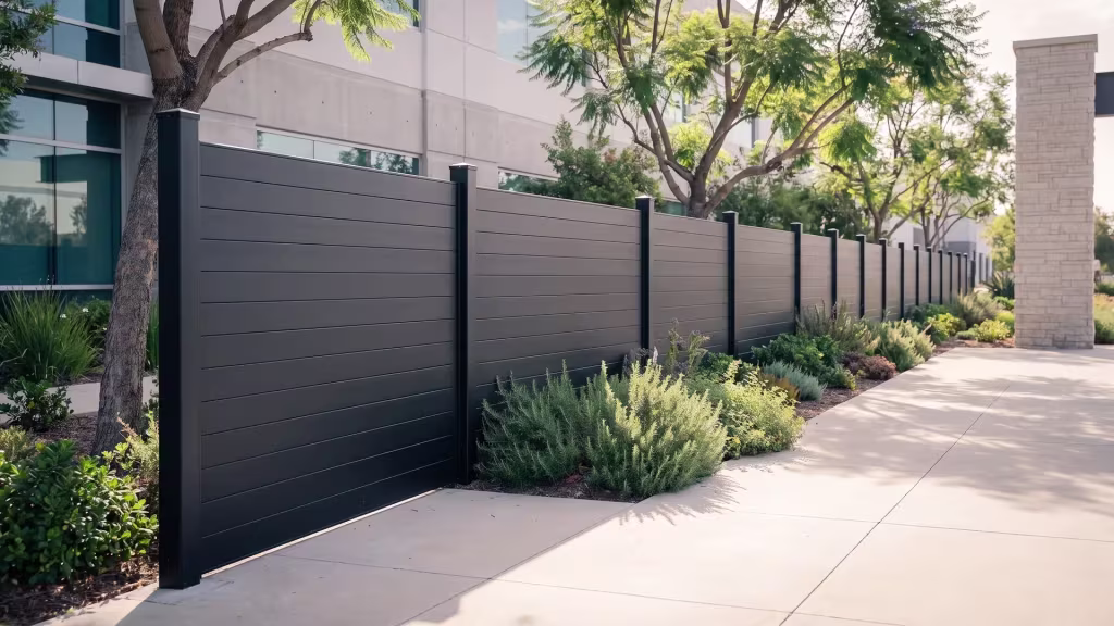 Black aluminum privacy fence receding across a factory setback with crisp concrete control joints
