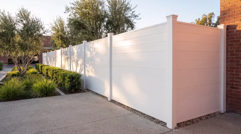 White aluminum privacy fence tracing exposed-aggregate paving beside a bakery cafe's linear bioswale