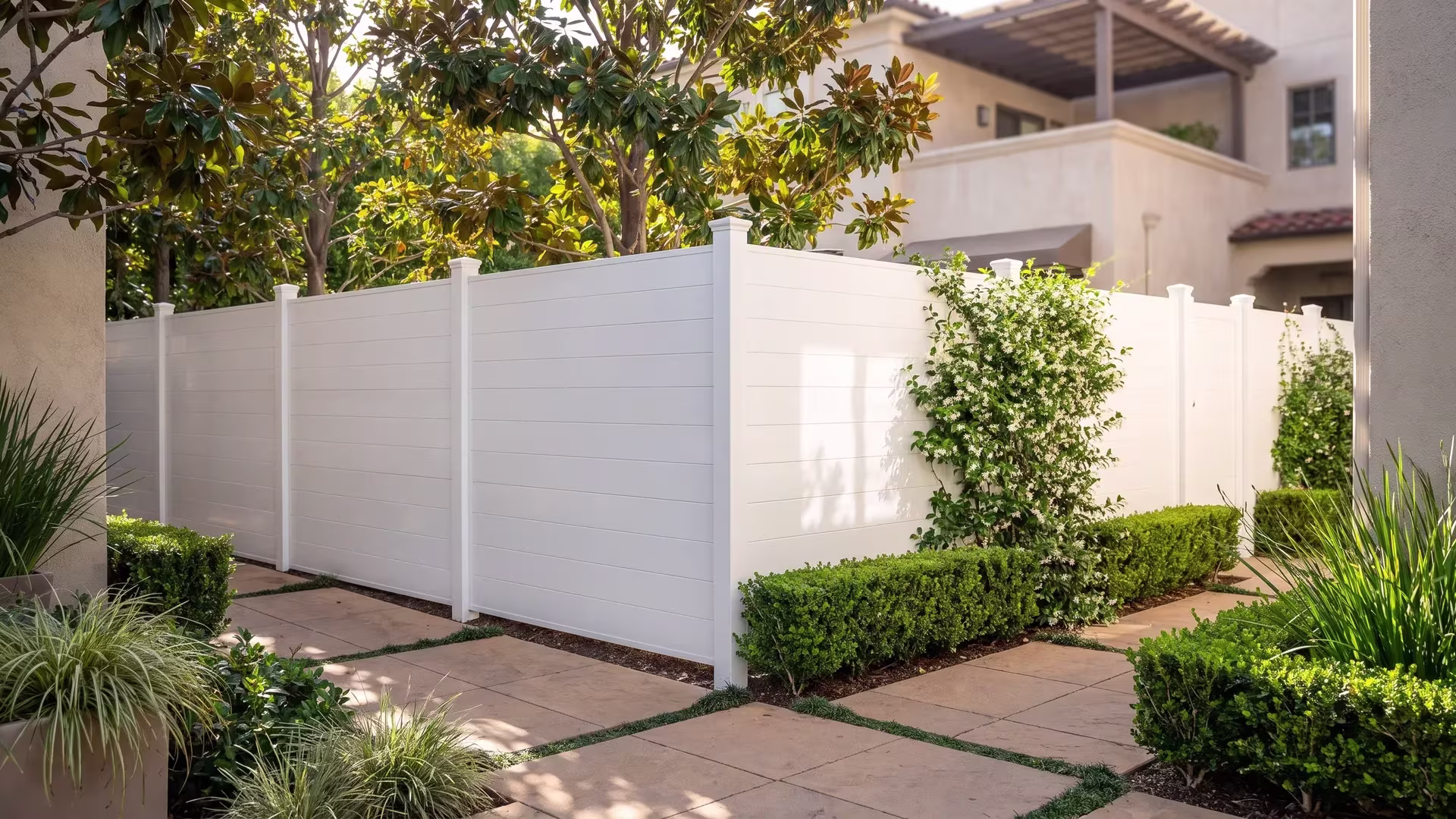 White aluminum privacy fence turning a shallow corner beside warm architectural pavers