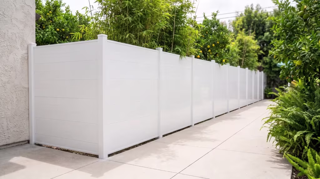 Bamboo clusters and ferns screen this White aluminum privacy fence ending against a restaurant's dining garden wall
