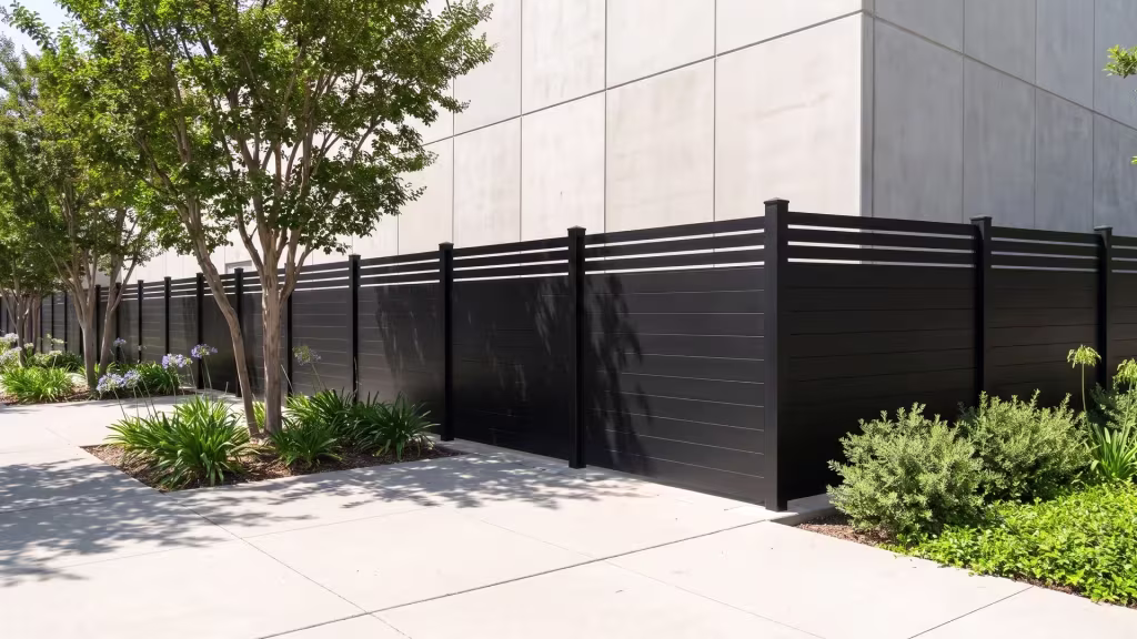 Black aluminum privacy fence with a picket top screening a windowless data center equipment hall