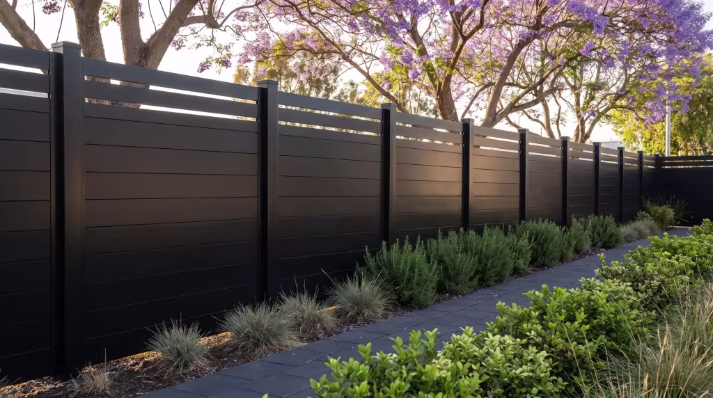 Dark charcoal unit pavers line this Black aluminum privacy fence beneath jacaranda canopy at an employee garden