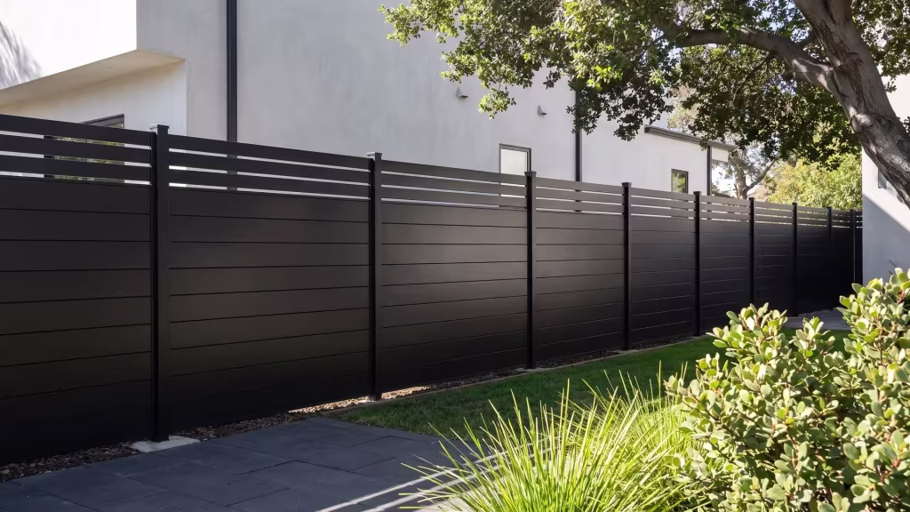 A Black aluminum privacy fence encloses this courtyard, its picket top framing a minimalist stucco home