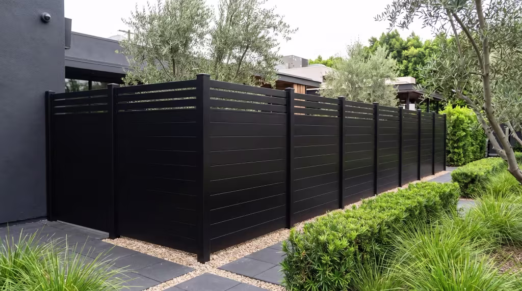 Clean gravel bands mark where this Black aluminum privacy fence ends against a restaurant's rear building wall