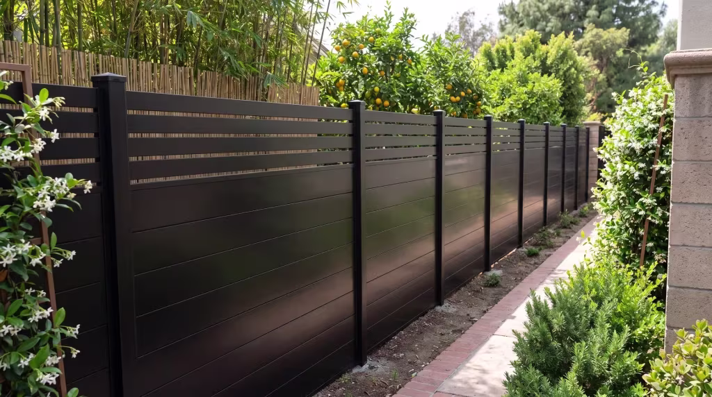 A brick-edged garden path runs beside this Black aluminum privacy fence, screened by bamboo and citrus