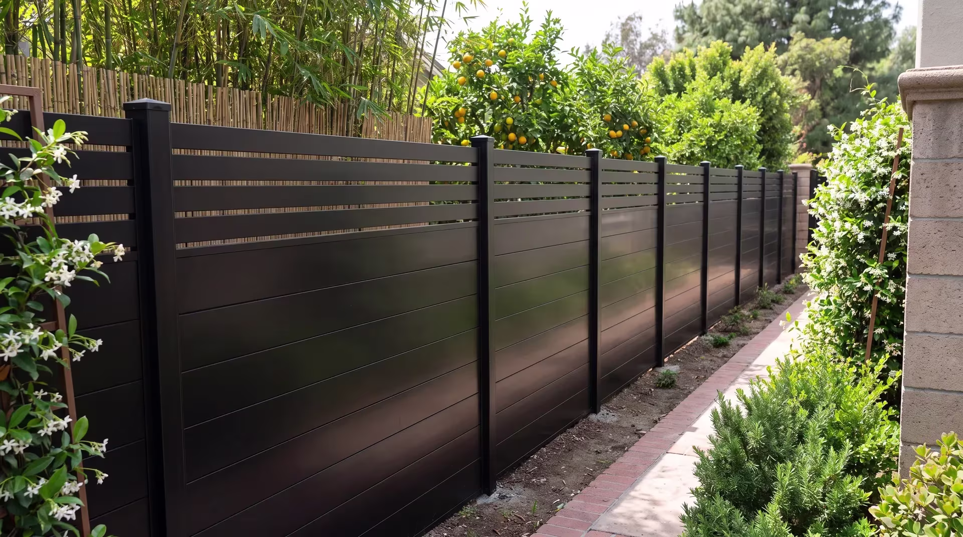 A brick-edged garden path runs beside this Black aluminum privacy fence, screened by bamboo and citrus