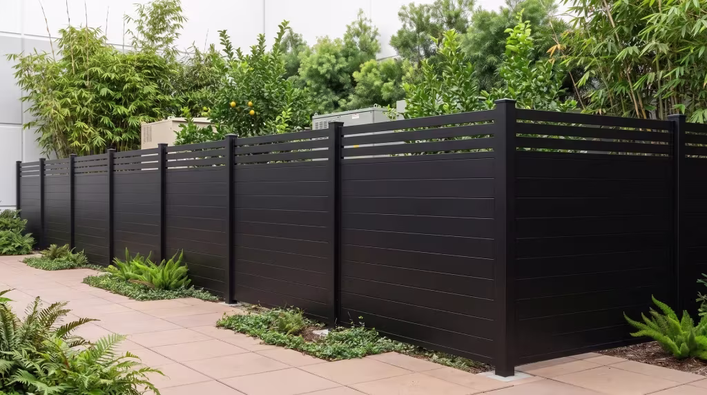 Dense fern and bamboo screening border this Black aluminum privacy fence along warm architectural paving