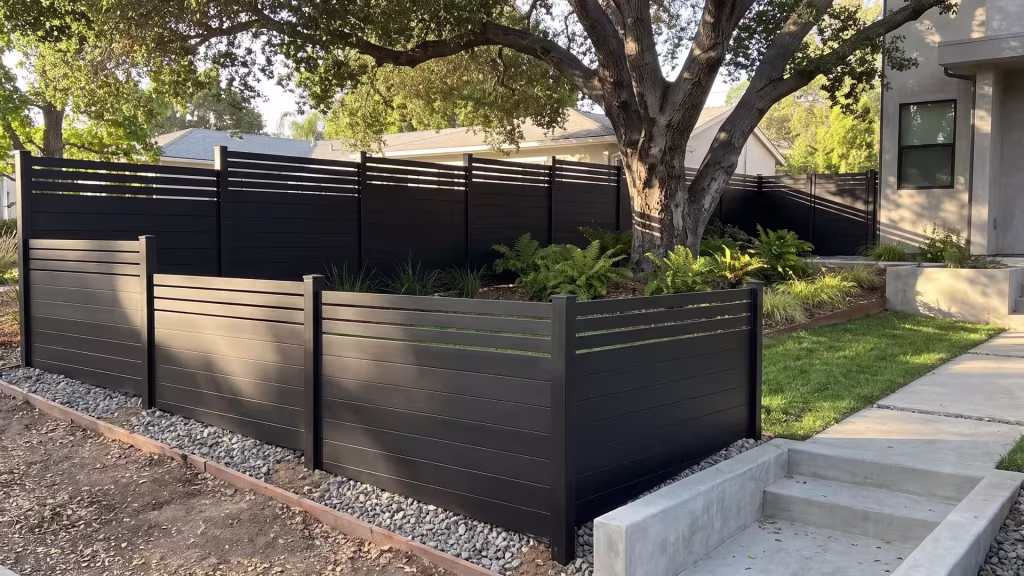 Black aluminum privacy fence turning an L-shaped corner beneath a coast live oak