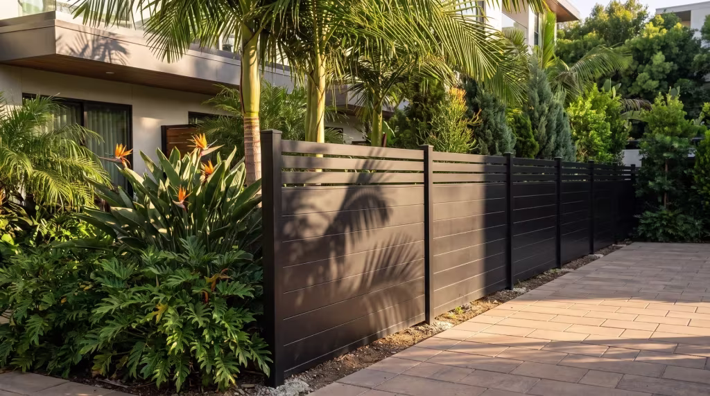 Bird-of-paradise and philodendron crowd this Black aluminum privacy fence along a boutique hotel's service boundary
