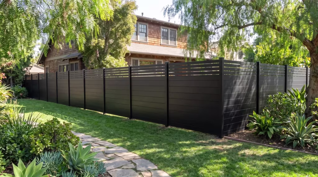 A narrow flagstone walk crosses green turf beside this Black aluminum privacy fence under pepper tree canopy