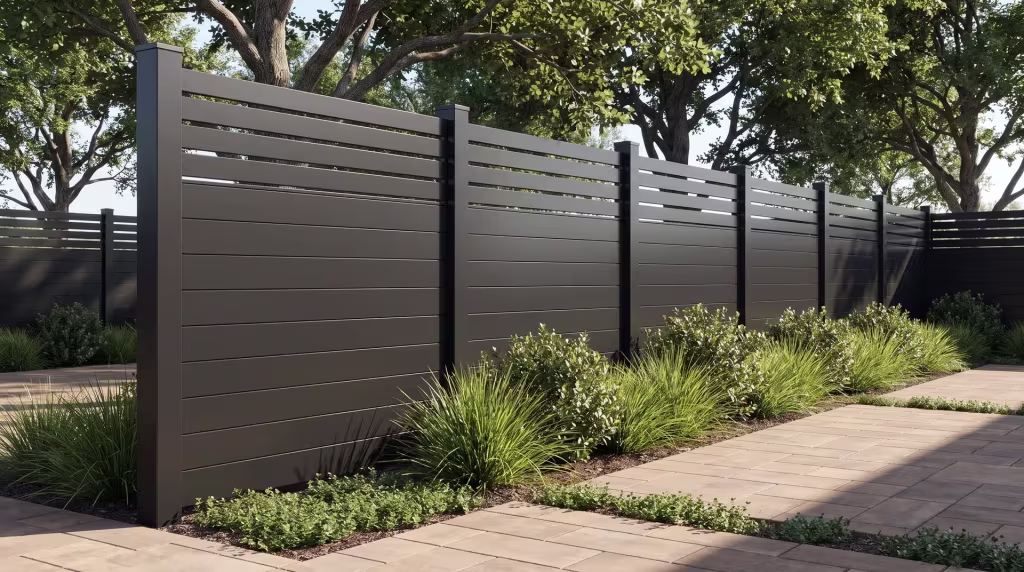 Crisp planted swales of lomandra and manzanita border this Black aluminum privacy fence beside a service lane