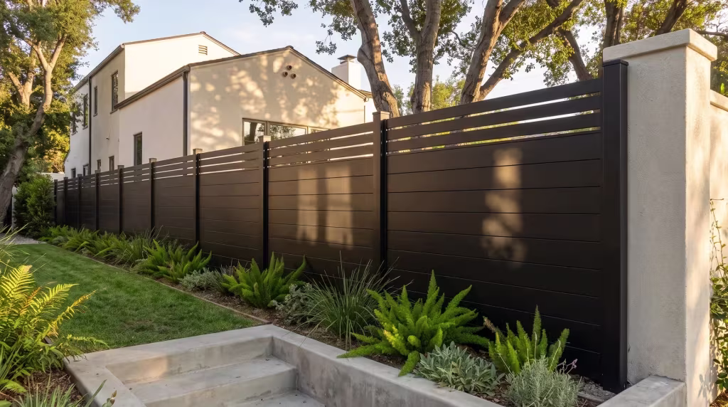 Poured-concrete steps and retaining edges meet this Black aluminum privacy fence beside a narrow lawn strip