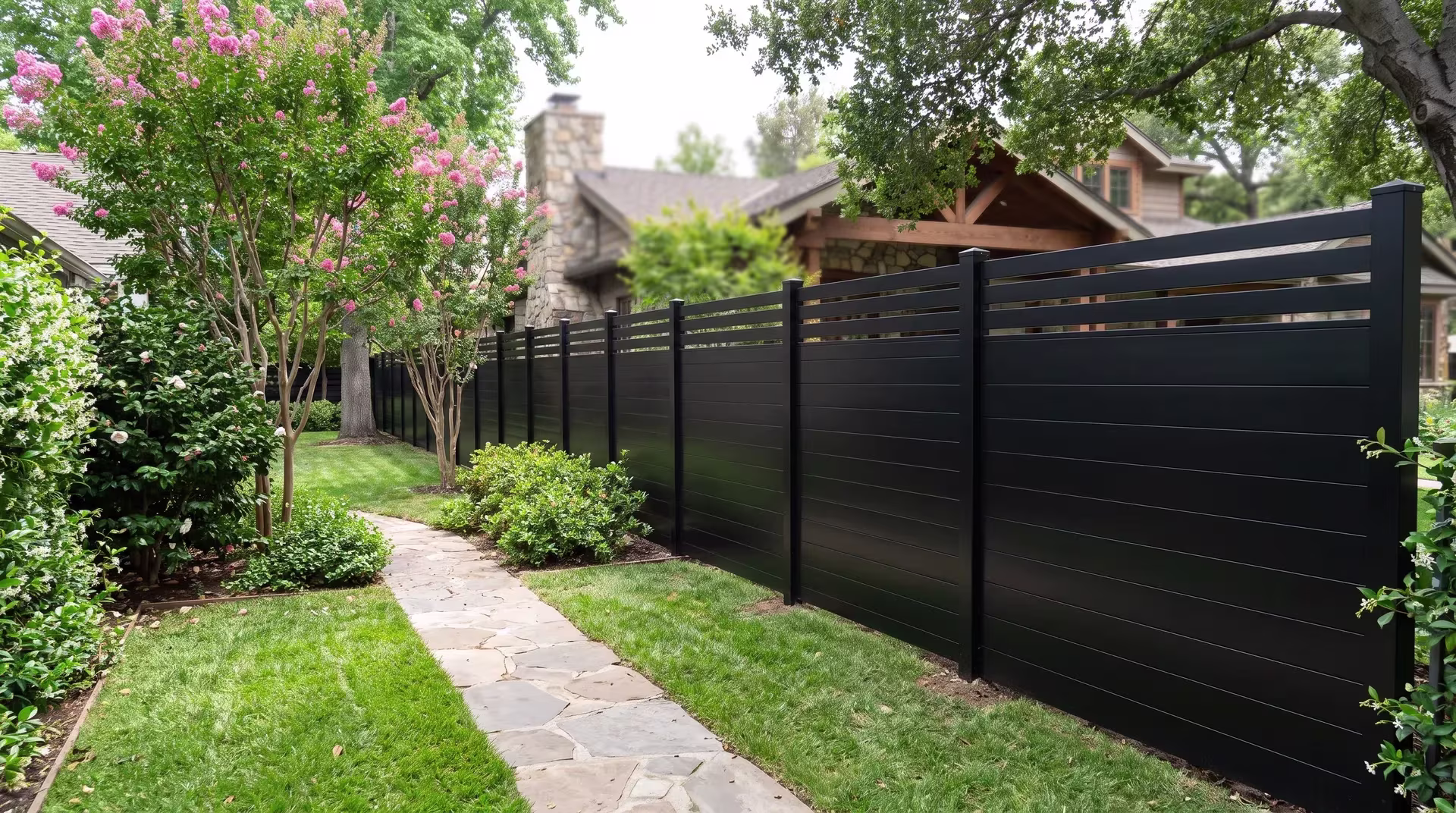 Crepe myrtle and camellias shade this Black aluminum privacy fence set below mature trees in fresh turf