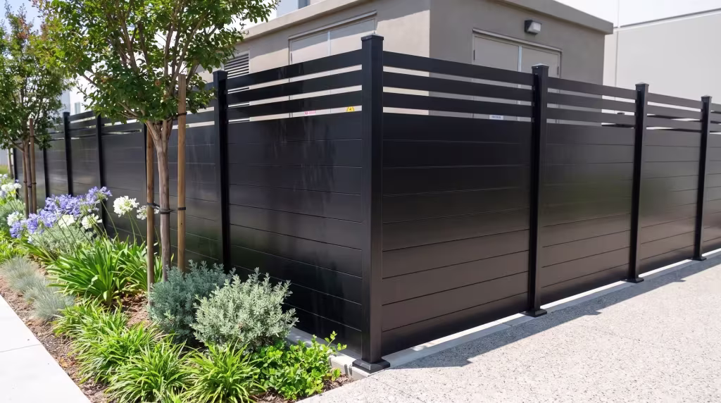 Exposed-aggregate paving and a linear bioswale border this Black aluminum privacy fence at a distribution facility