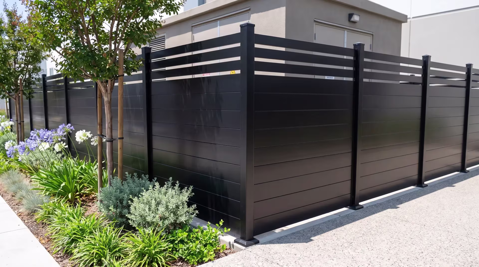 Exposed-aggregate paving and a linear bioswale border this Black aluminum privacy fence at a distribution facility