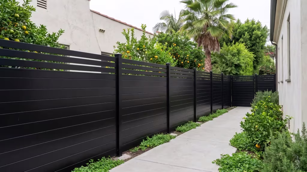 This Black aluminum privacy fence runs beside a Spanish Revival home's pale stucco wing