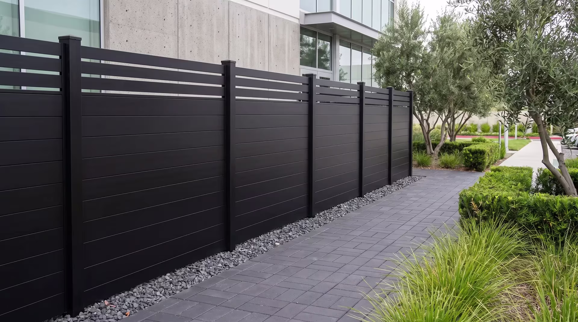 Clipped podocarpus and gravel bands separate this Black aluminum privacy fence from a food production service area