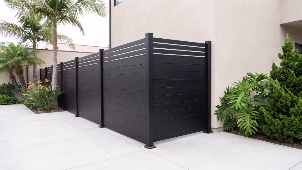 A Black aluminum privacy fence ends flush against a stucco courtyard wall near queen palms