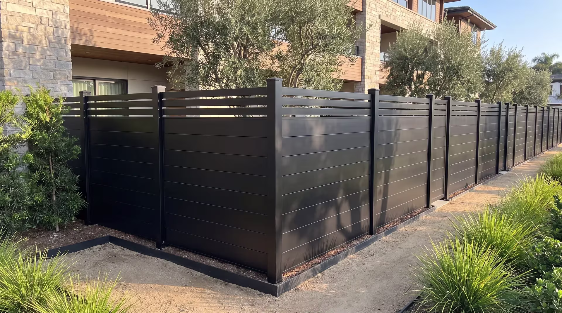 This Black aluminum privacy fence turns at a shared corner post beside decomposed granite paving
