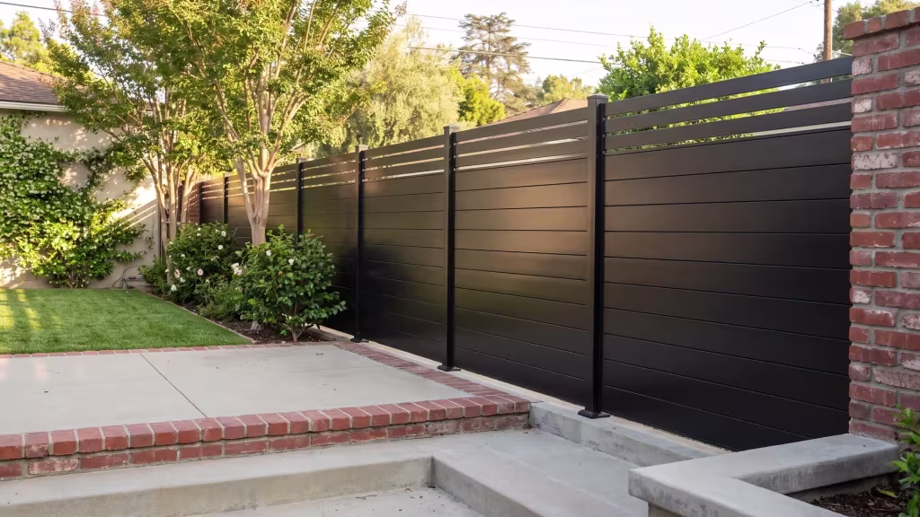 Black aluminum privacy fence receding toward a masonry column past a brick-edged terrace