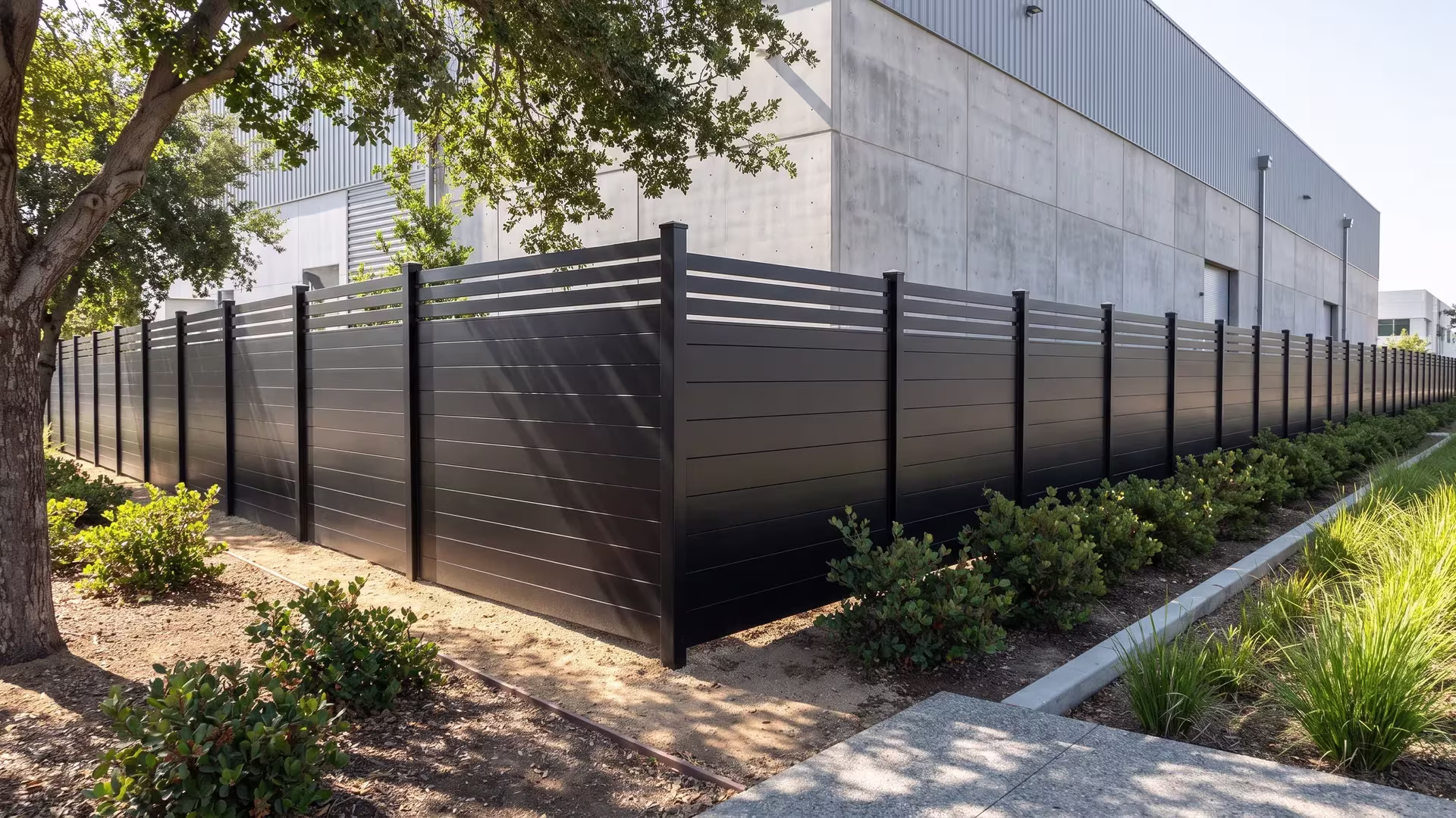 This Black aluminum privacy fence screens a production building beside a linear bioswale