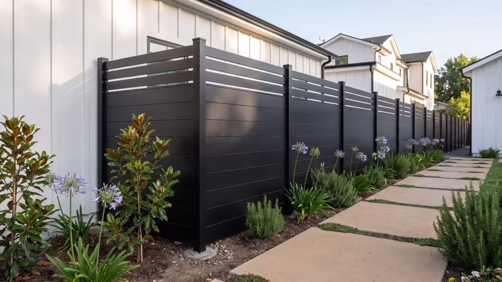 Black aluminum privacy fence ending against a farmhouse terrace wall near magnolia and rosemary