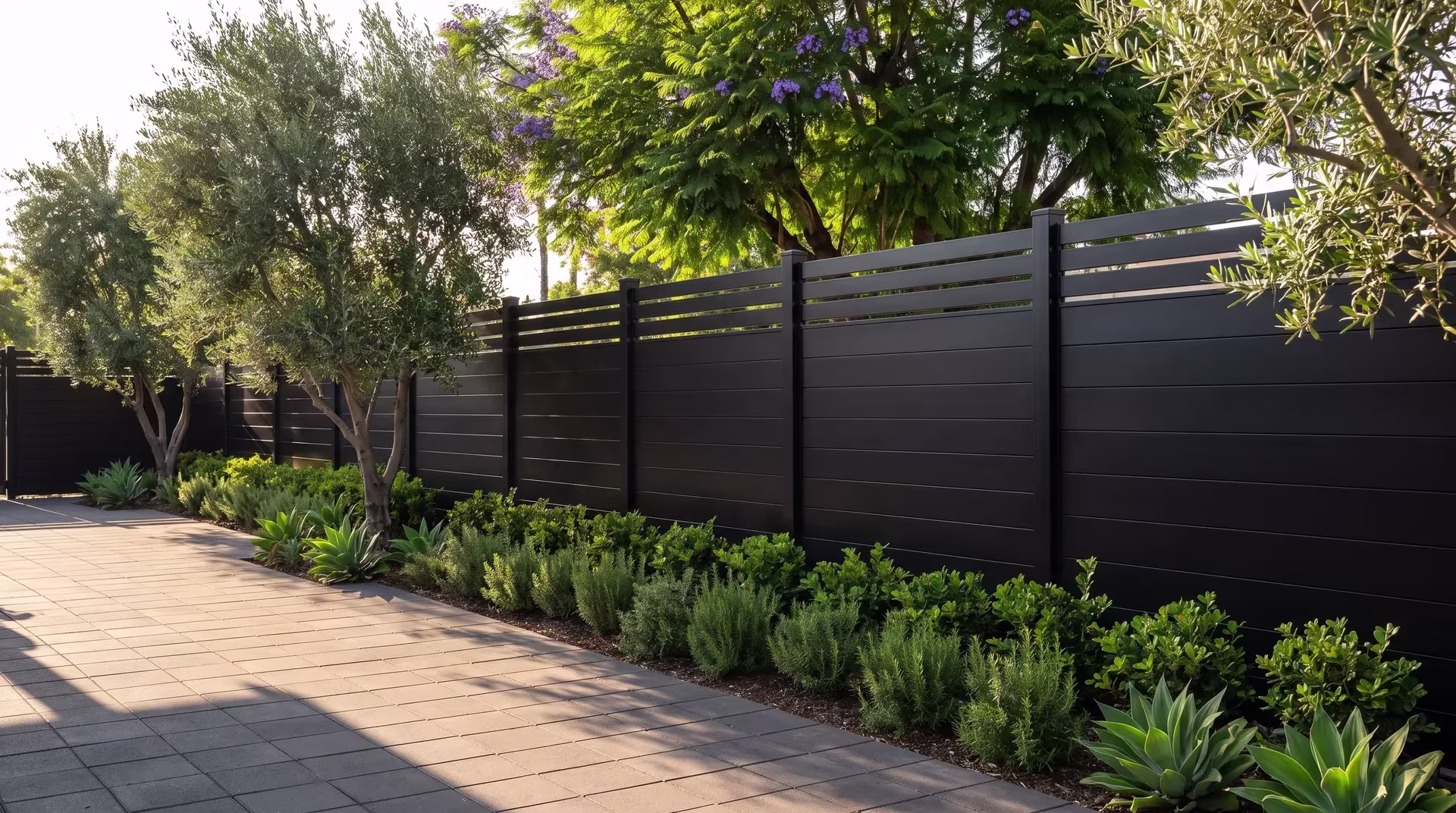 A Black aluminum privacy fence sits framed by drought-aware planting on a Mediterranean restaurant's paved terrace