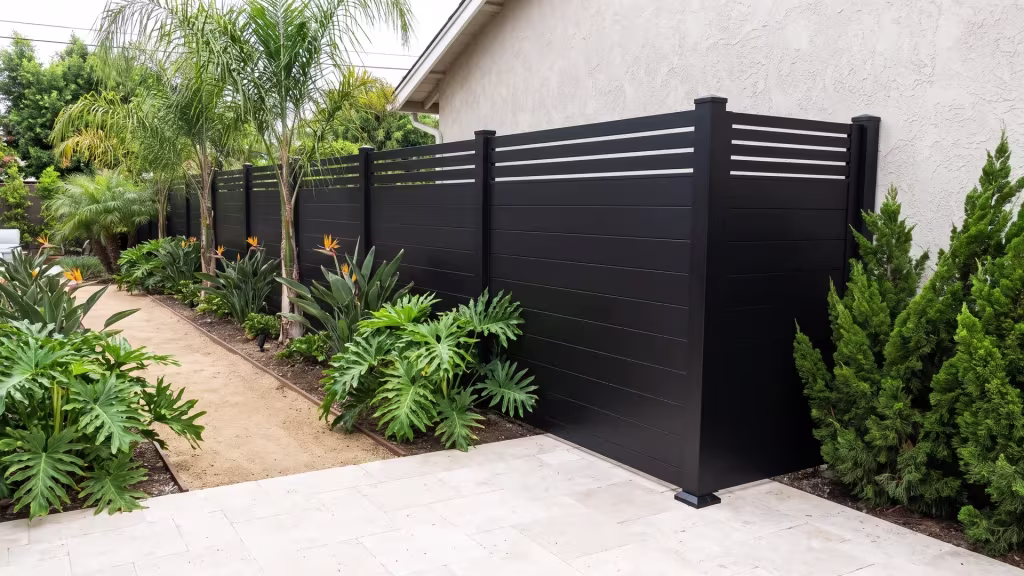 A Black aluminum privacy fence lines decomposed-granite paths edged in steel near queen palms