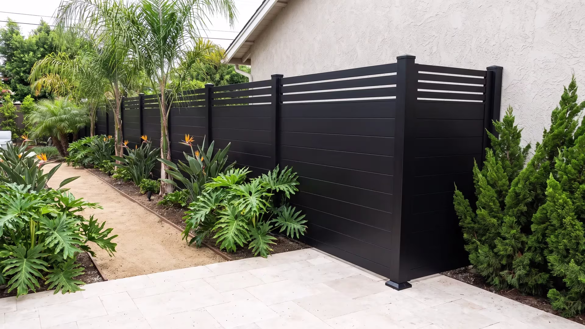 A Black aluminum privacy fence lines decomposed-granite paths edged in steel near queen palms