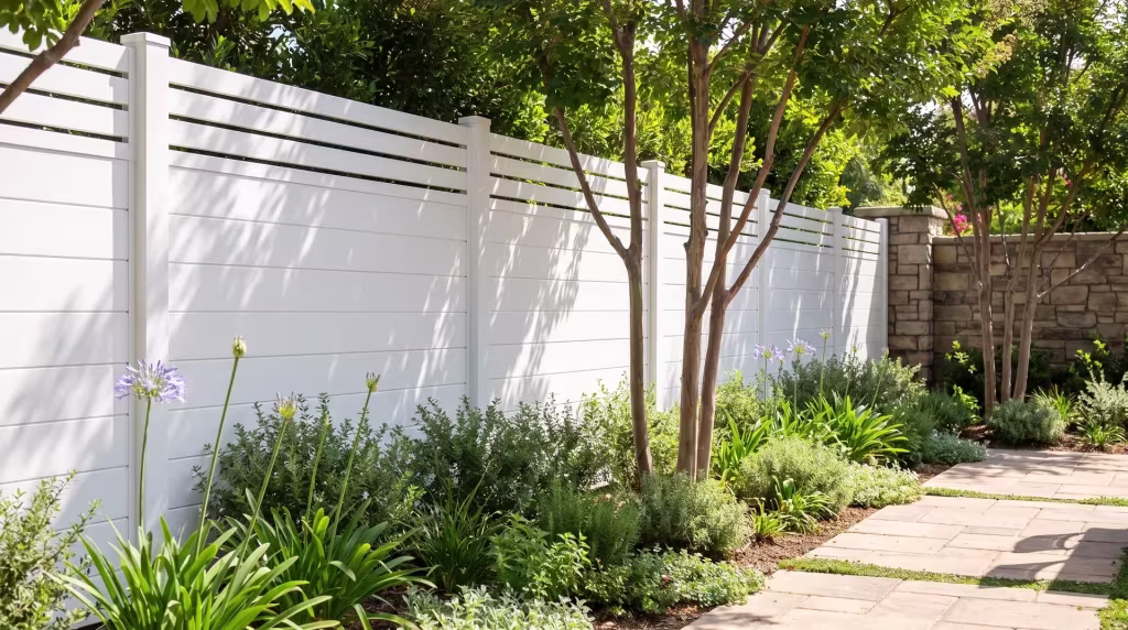Multi-trunk crepe myrtle shades this White aluminum privacy fence enclosing a farm-to-table restaurant's dining court
