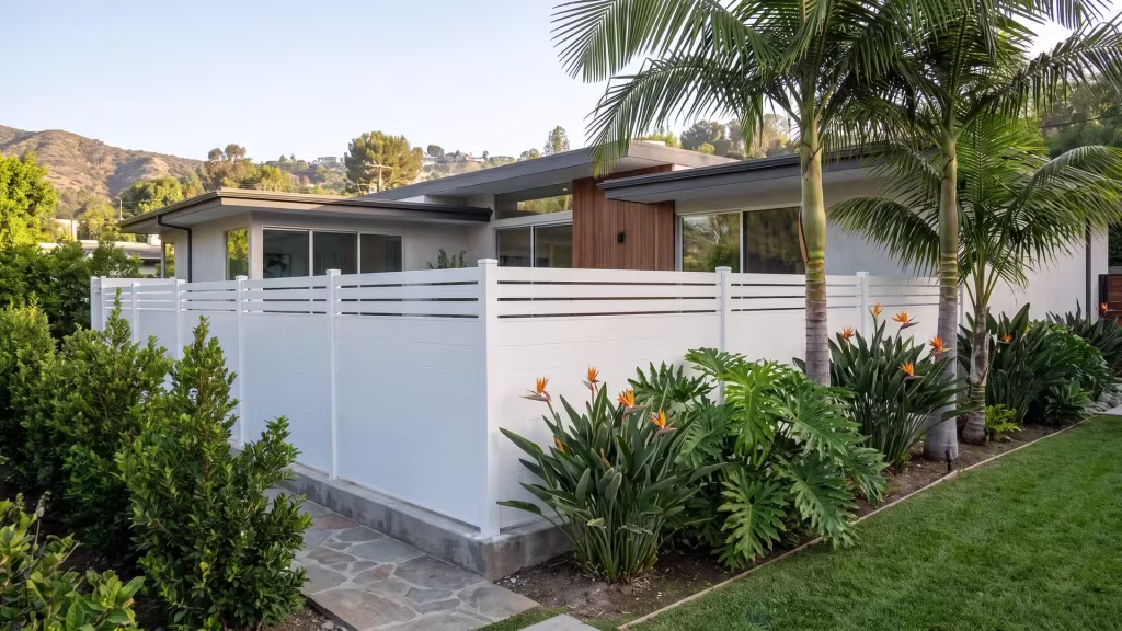 White aluminum privacy fence turning across a terrace beside a narrow flagstone walk
