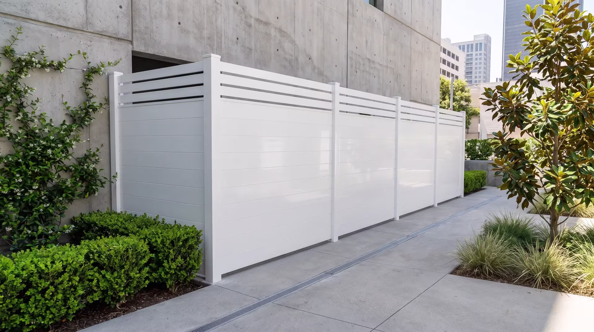 Boxwood and trimmed grasses edge this White aluminum privacy fence ending along a broom-finished drainage channel