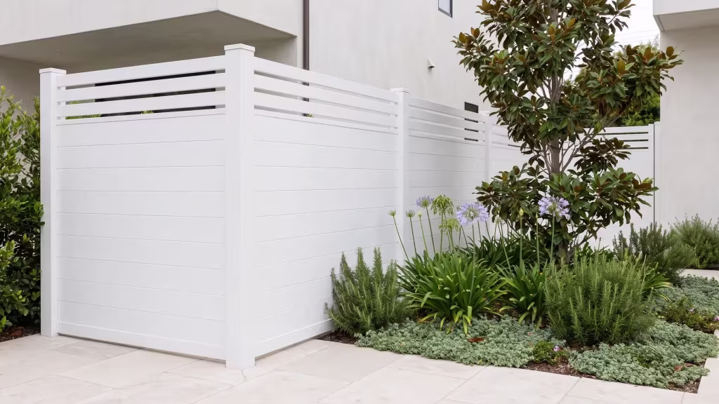 This White aluminum privacy fence borders a courtyard's pale stone paving near magnolia