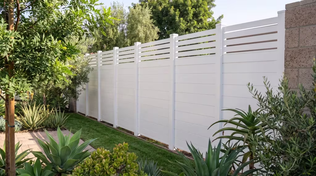 Pepper trees shade this White aluminum privacy fence beside a maintained lawn at a medical office setback