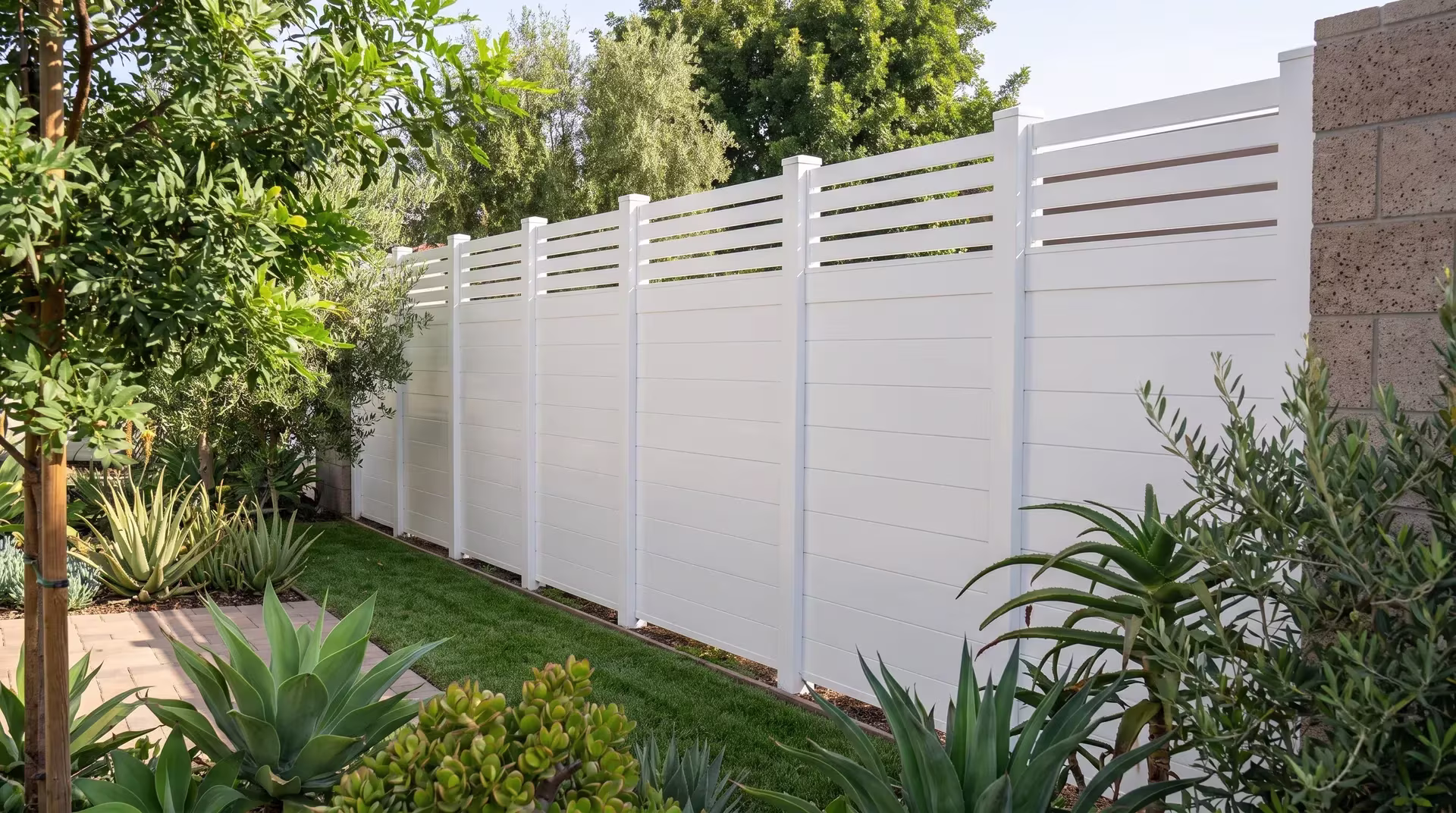 Pepper trees shade this White aluminum privacy fence beside a maintained lawn at a medical office setback