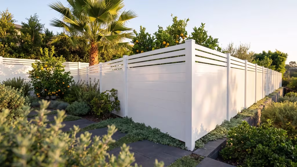 White aluminum privacy fence stepping down an L-shaped hillside terrace corner