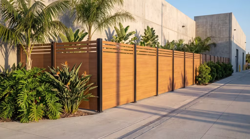 This Woodgrain aluminum privacy fence screens a manufacturing campus production building behind evergreen planting