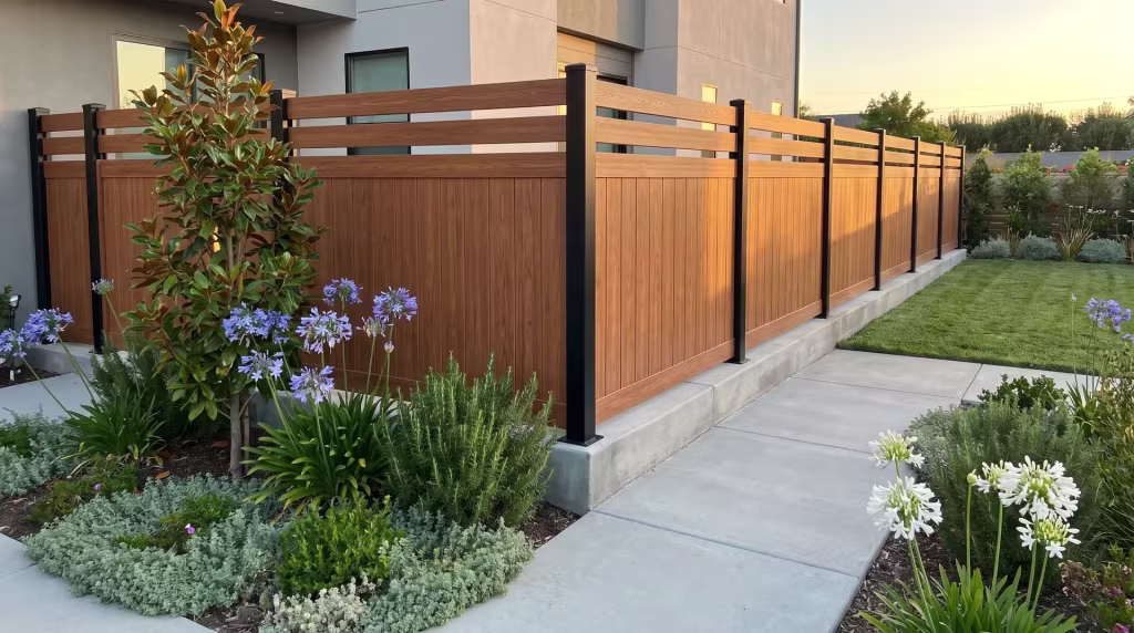 Crisp paved paths border this Woodgrain aluminum privacy fence through a layered contemporary backyard perimeter