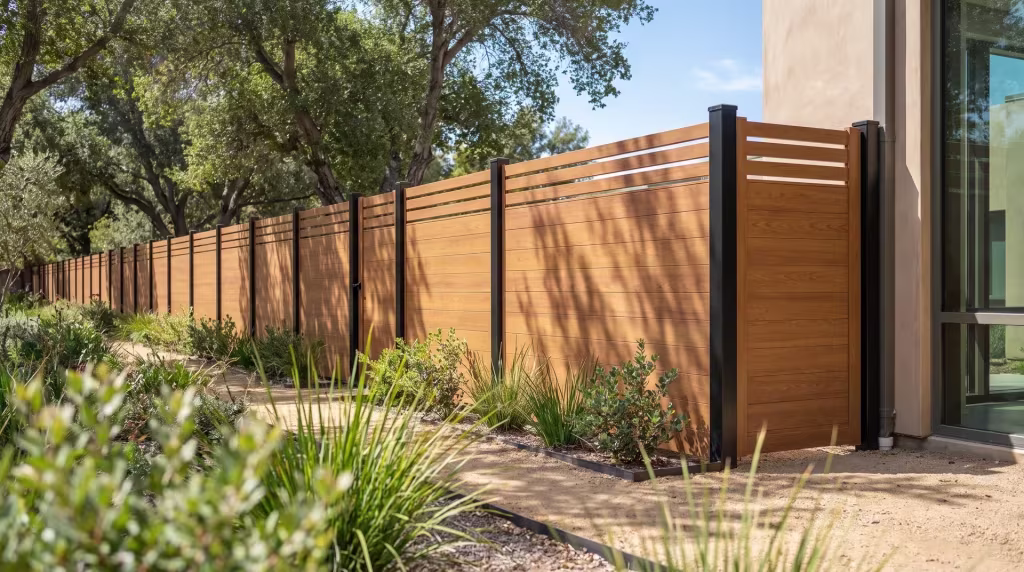 Manzanita and lomandra fill the swales beside this Woodgrain aluminum privacy fence at a medical office campus