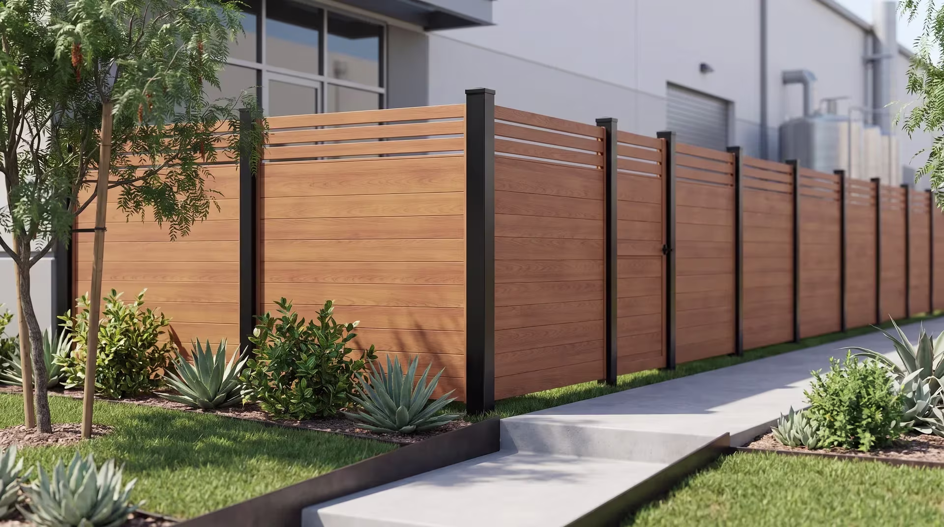 A Woodgrain aluminum privacy fence turns a corner beside broad pepper trees near a production building