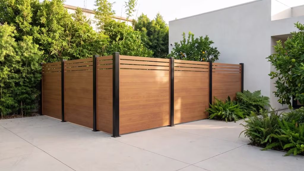 Woodgrain aluminum privacy fence meets a wellness spa's plaster facade along its final run