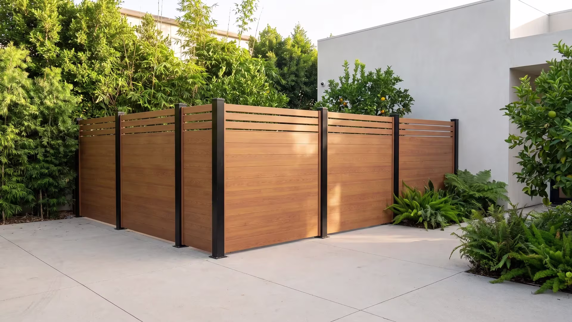 Woodgrain aluminum privacy fence meets a wellness spa's plaster facade along its final run