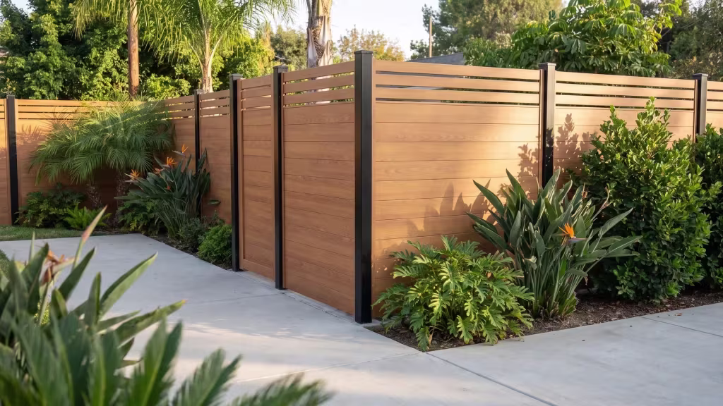 This Woodgrain aluminum privacy fence turns a tight corner, its matching caps visible up close