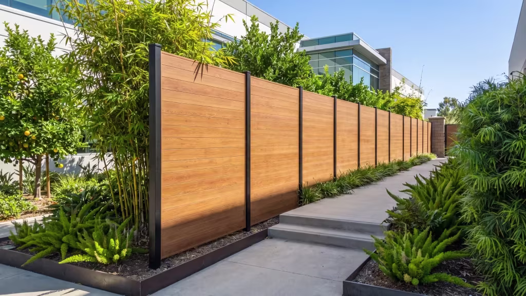 Woodgrain aluminum privacy fence angling toward a corner column past bamboo and ferns