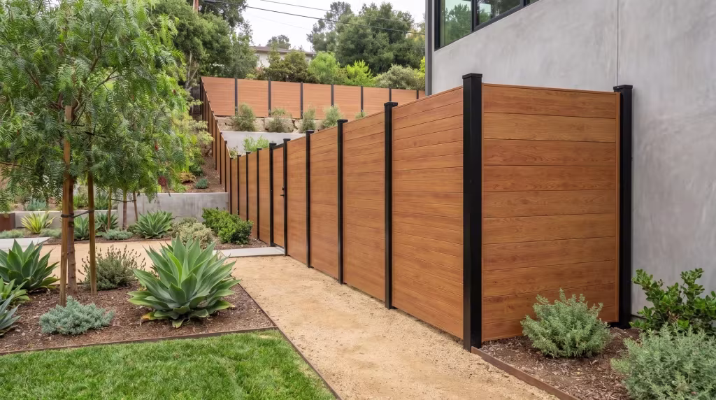 Pepper trees and succulents border this Woodgrain aluminum privacy fence terracing up a hillside garden