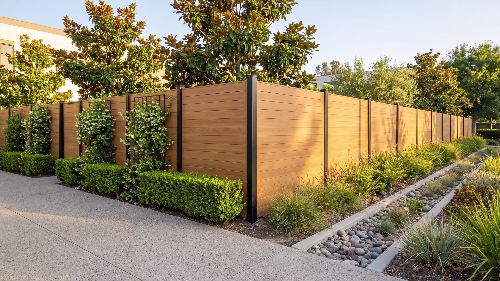 Woodgrain aluminum privacy fence turning an L-shaped corner post beside a linear bioswale
