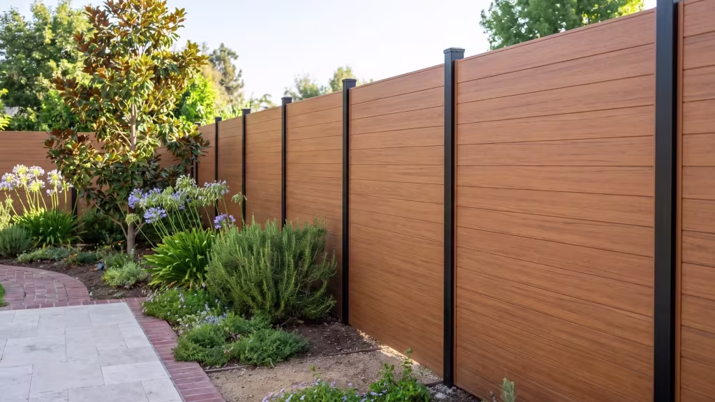 Woodgrain aluminum privacy fence bordering a backyard beside a pale stone patio
