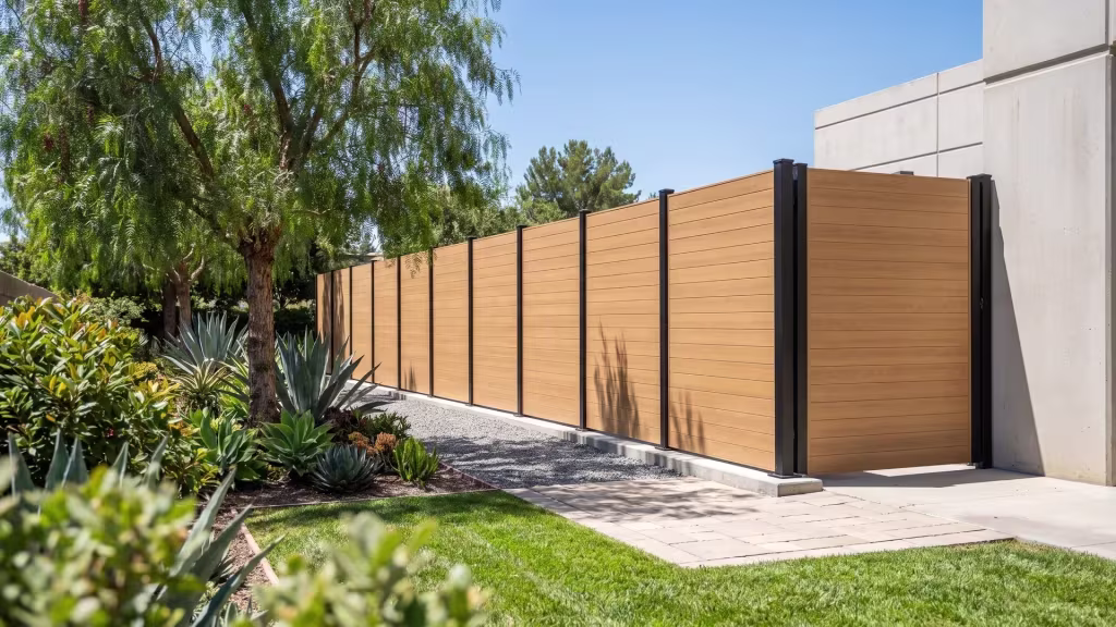 Woodgrain aluminum privacy fence closing off a technical building beside a narrow lawn