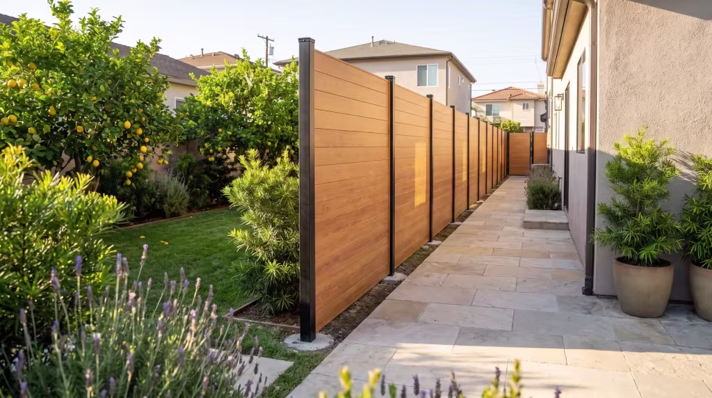 Podocarpus and pale stone paving divide this Woodgrain aluminum privacy fence from a duplex's private patio