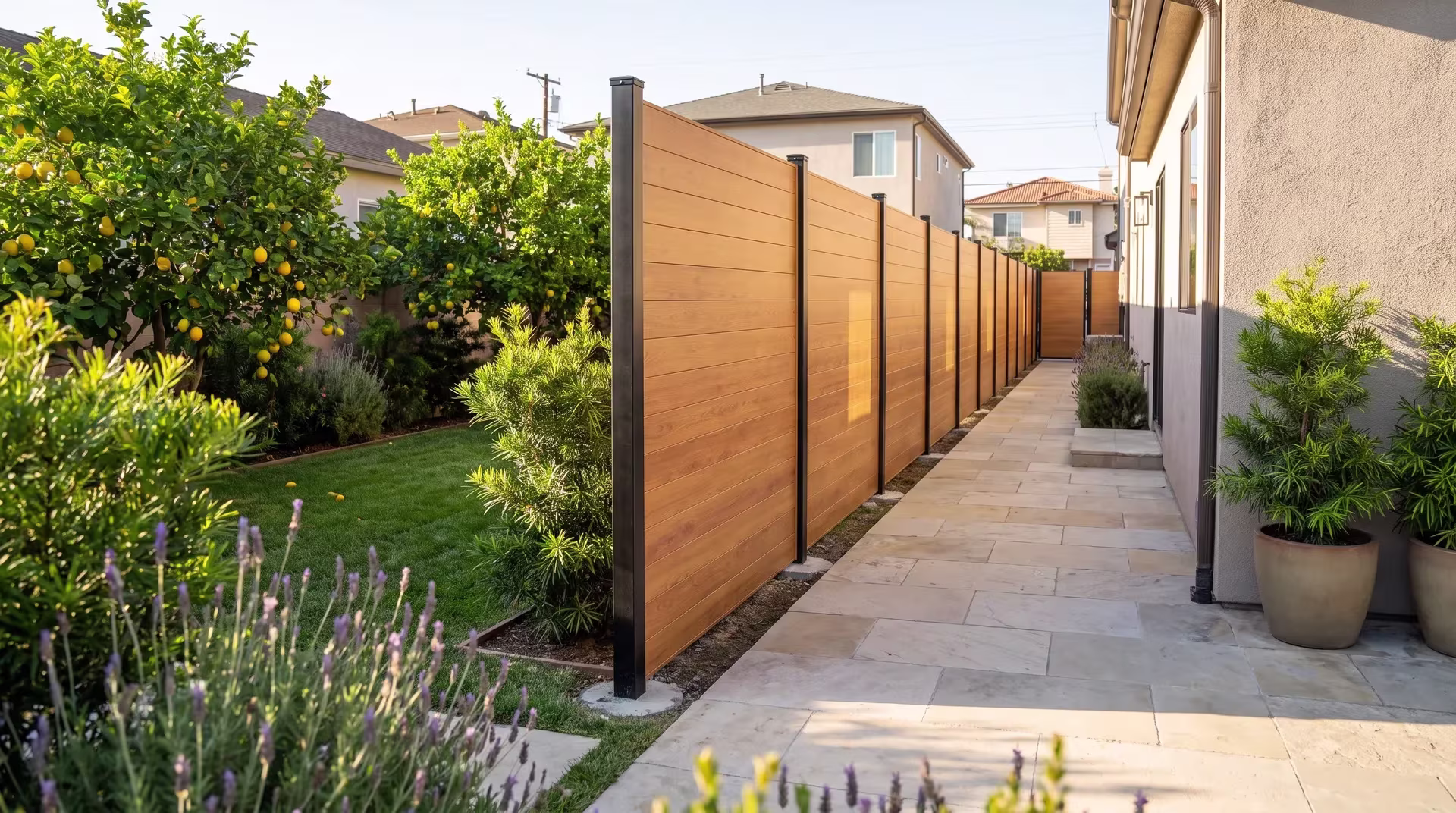 Podocarpus and pale stone paving divide this Woodgrain aluminum privacy fence from a duplex's private patio